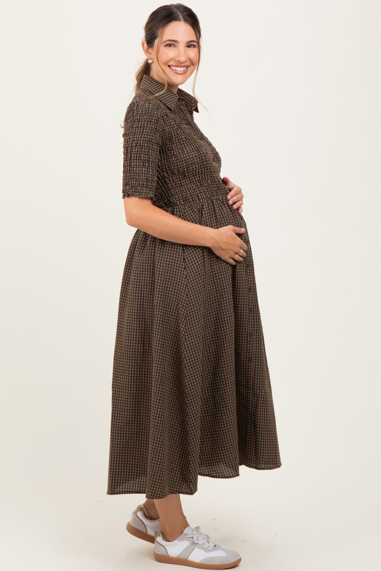 Gingham Smocked Button Down Midi Dress, Alternate, color, Brown