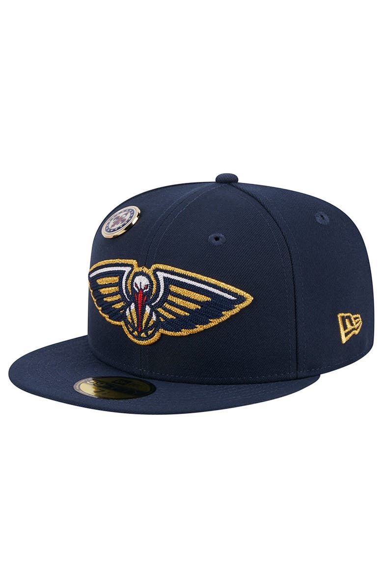 New Era Men's New Era Navy New Orleans Pelicans Chainstitch Logo Pin 59FIFTY Fitted Hat, Main, color,