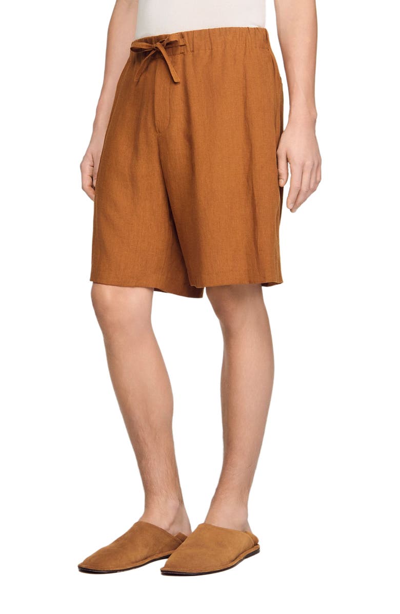 SANDRO Elastic waist linen shorts, Alternate, color, Whisky