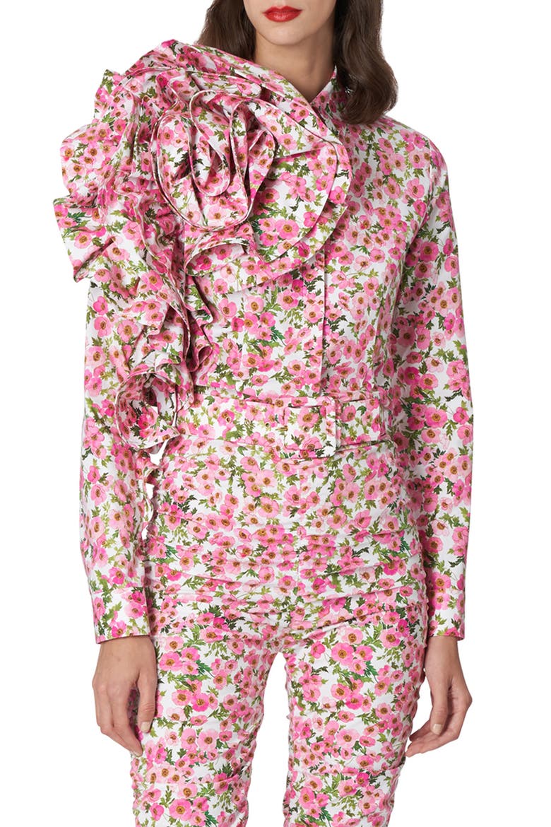Anemone Print Dramatic Rosette Blouse, Main, color, WHITE MULTI