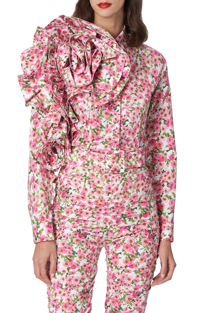 Carolina Herrera Anemone Print Dramatic Rosette Blouse, Main, color, 