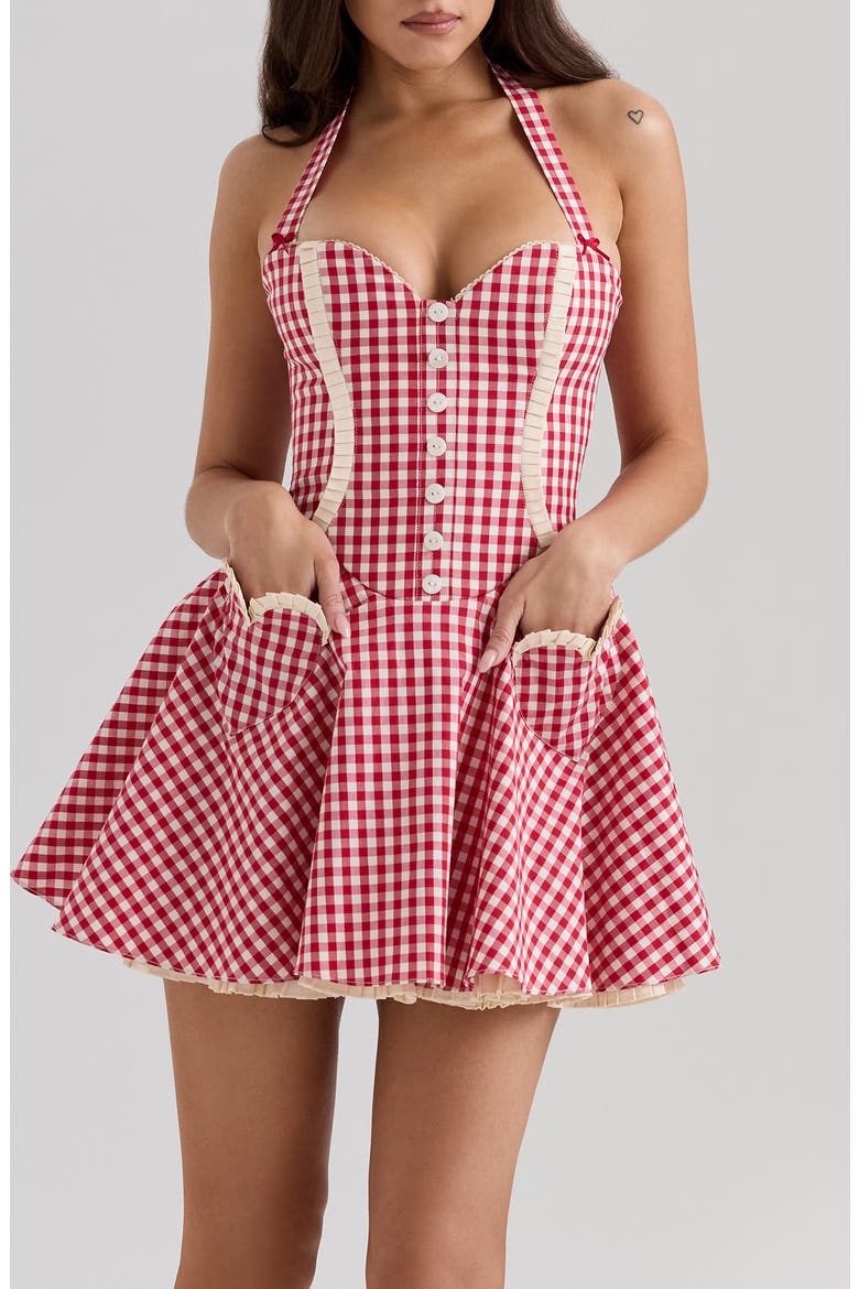 Heidi Fit & Flare Gingham Halter Minidress, Alternate, color, GINGHAM SAVVY RED WHITE SMOKE