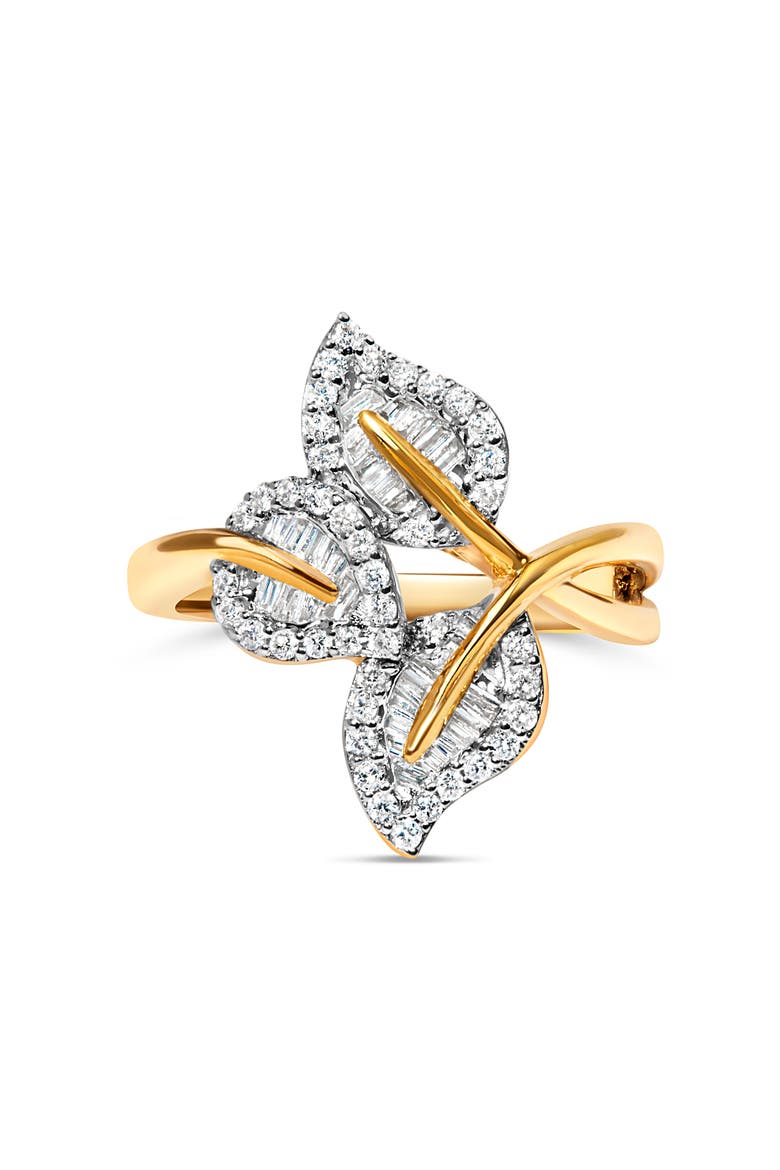 18K Gold Over Silver 3/8 Cttw Diamond Bypass Triple Leaf Ring, Alternate, color, Yellow Gold over Silver