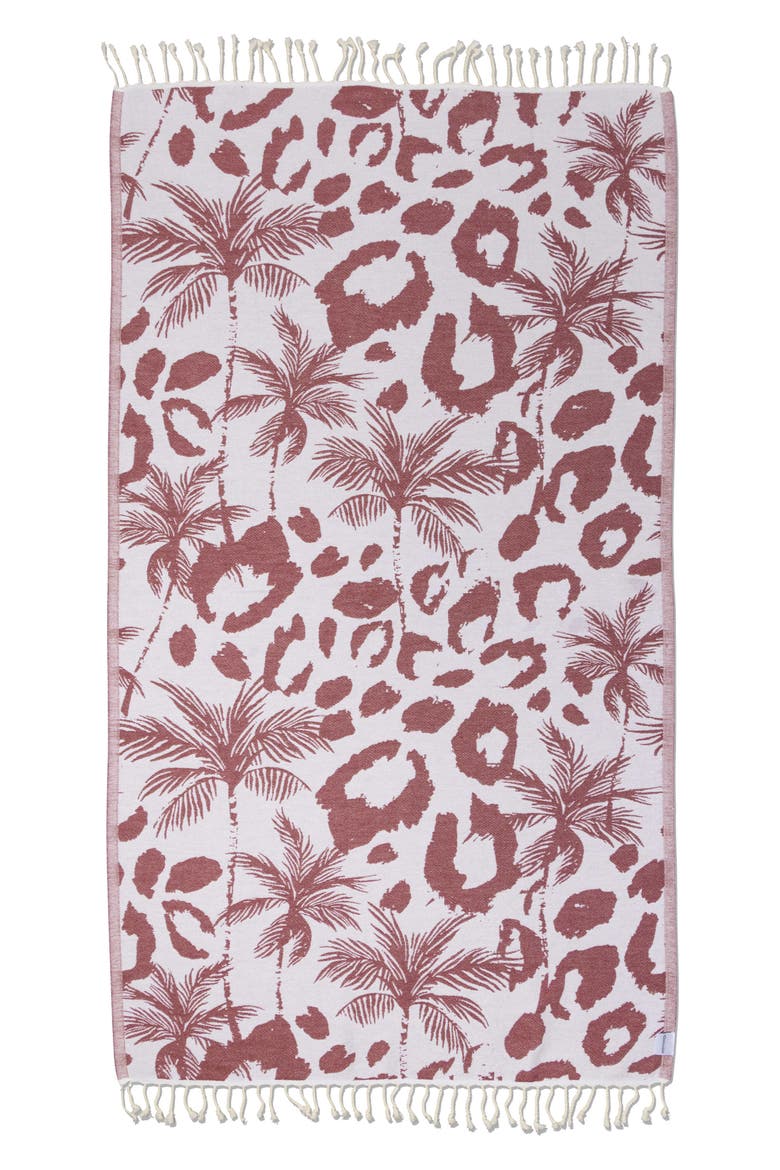 Leopard Palm Organic Turkish Towel, Alternate, color, Burgundy