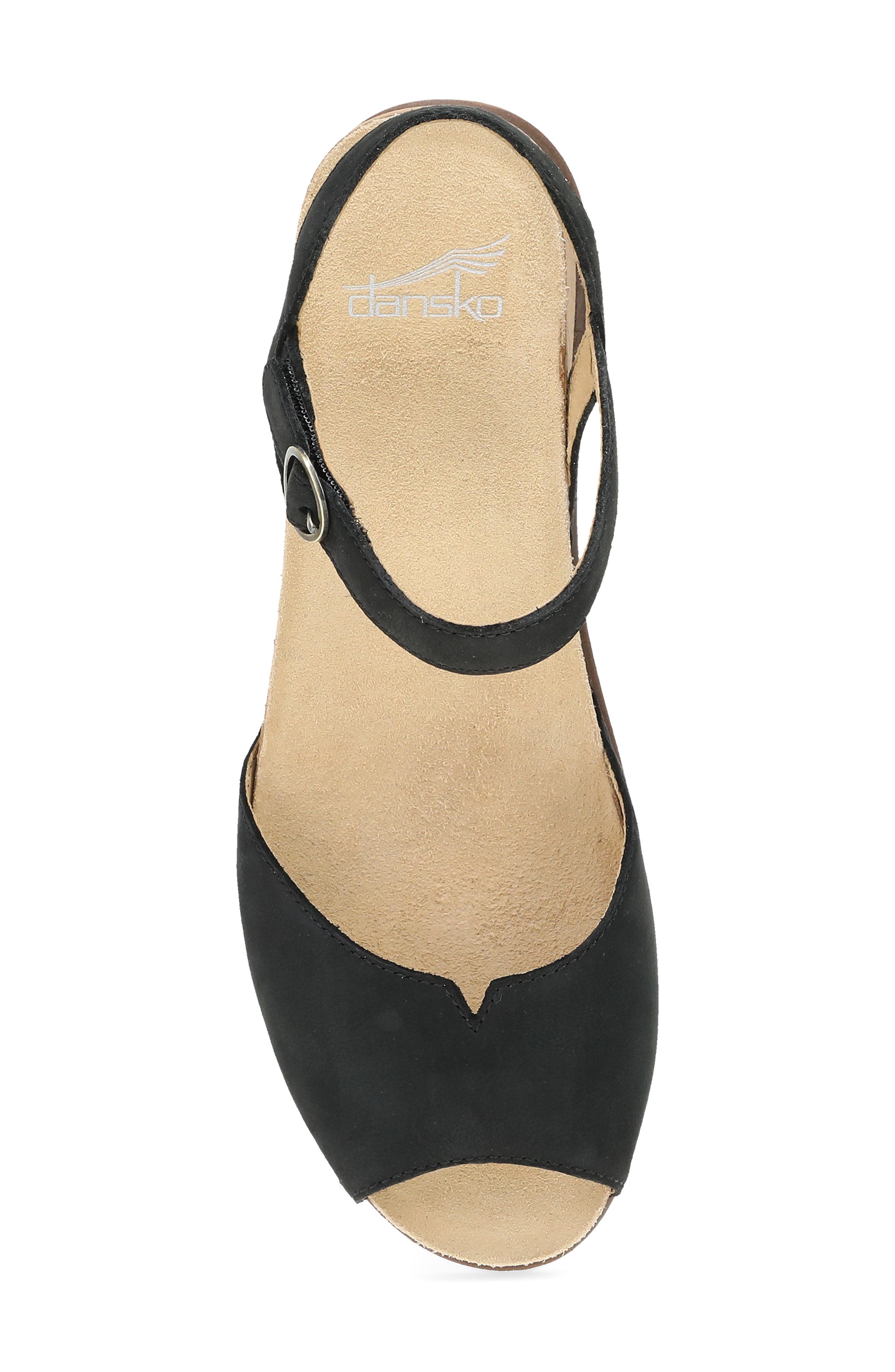 Dansko Cass Ankle Strap Peep Toe Wedge Sandal, Alternate, color, Black Milled Nubuck
