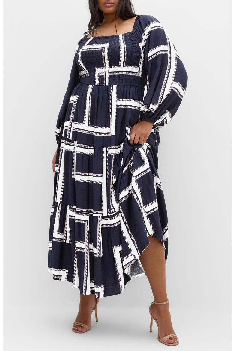 Leila Print Long Sleeve Maxi Dress, Main, color, SLEEK STRIPES NAVY