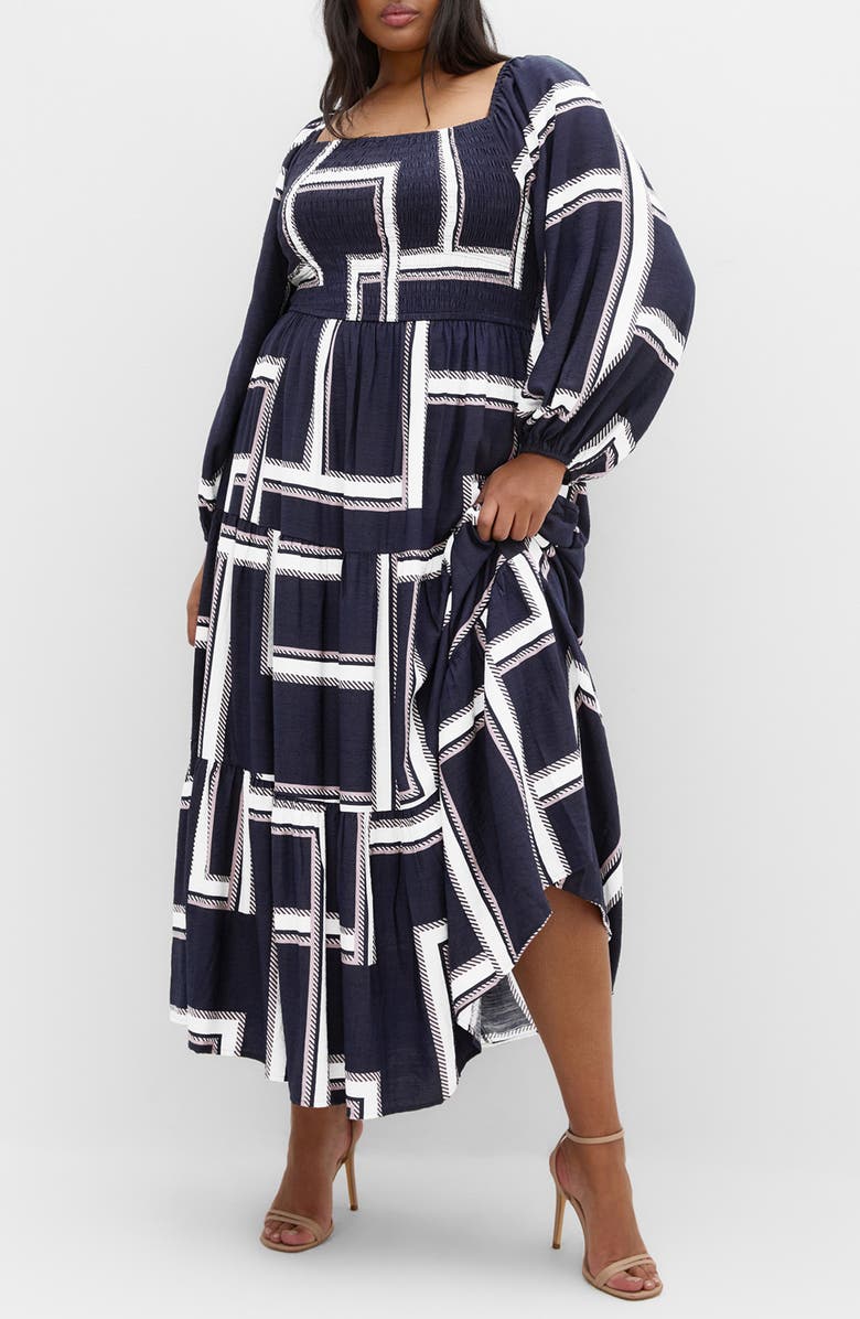 City Chic Leila Print Long Sleeve Maxi Dress, Main, color, Sleek Stripes Navy