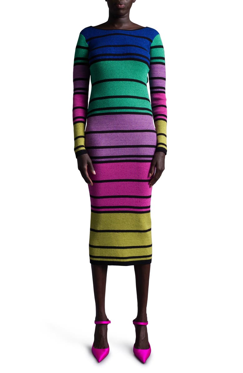 Le Superbe Chakra Stripe Back Cutout Long Sleeve Sweater Dress, Main, color, 