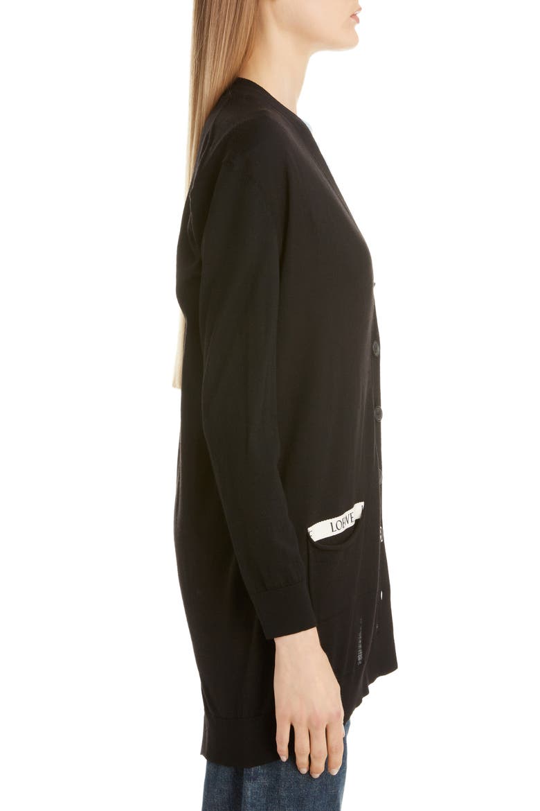 Logo Pocket Asymmetrical Wool Cardigan, Alternate, color, BLACK