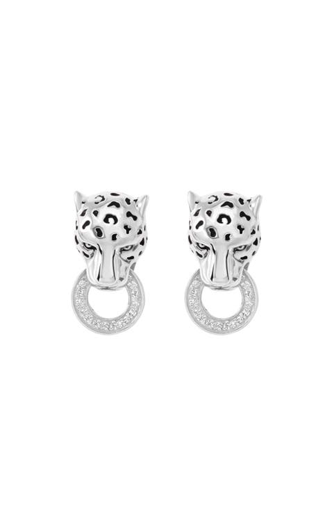 925 Sterling Silver Diamond Panther Drop Earrings