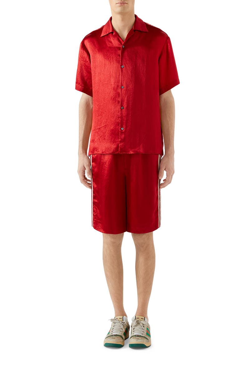 Gucci Skull Embroidered Satin Bowling Shirt, Alternate, color, 
