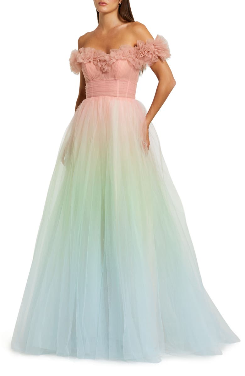 Mac Duggal Off The Shoulder Ombre Tulle Ballgown, Main, color, Pink Sorbet