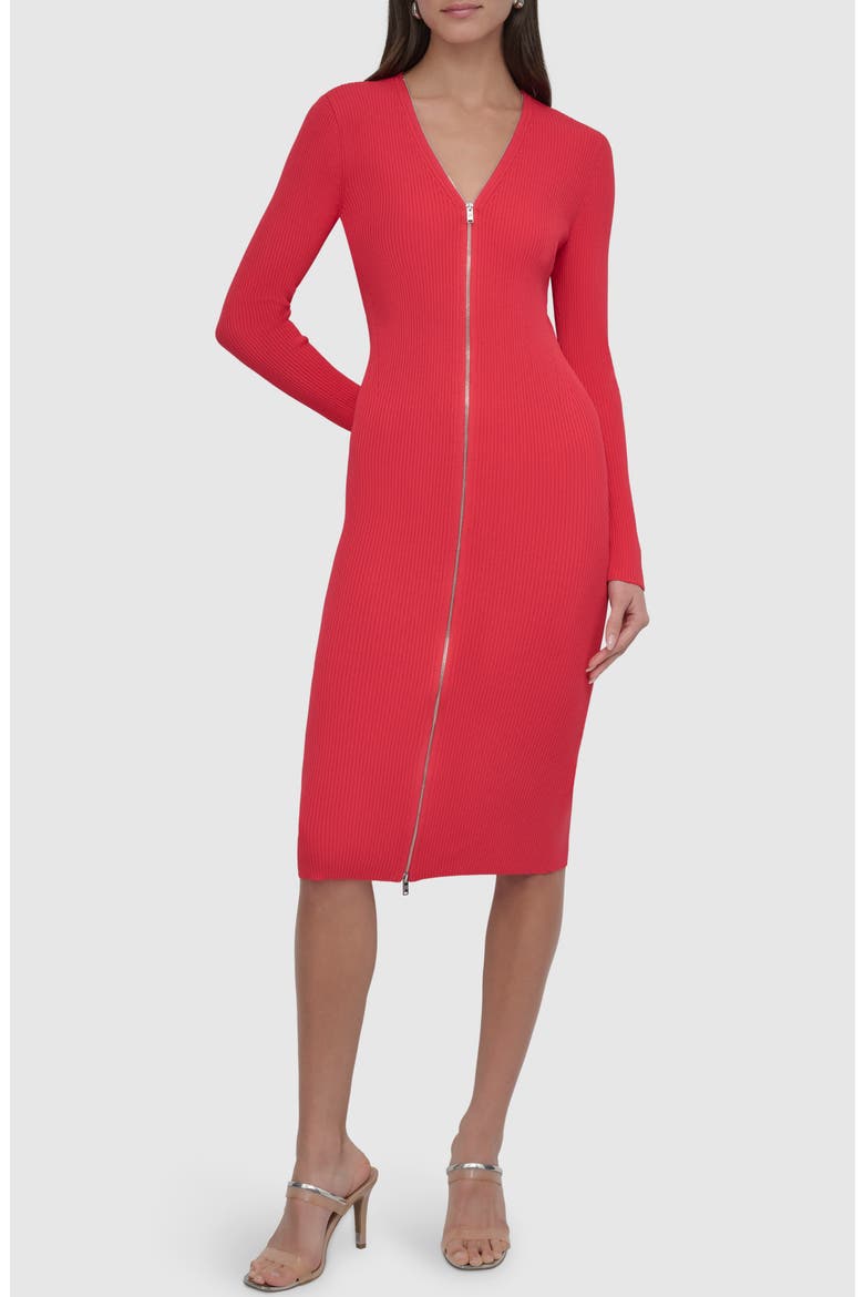 Front Zip Long Sleeve Rib Midi Dress, Main, color, WATERMELON