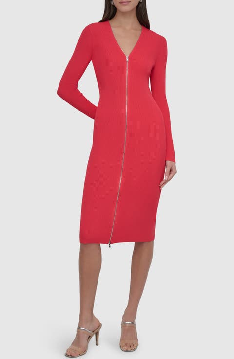 Front Zip Long Sleeve Rib Midi Dress