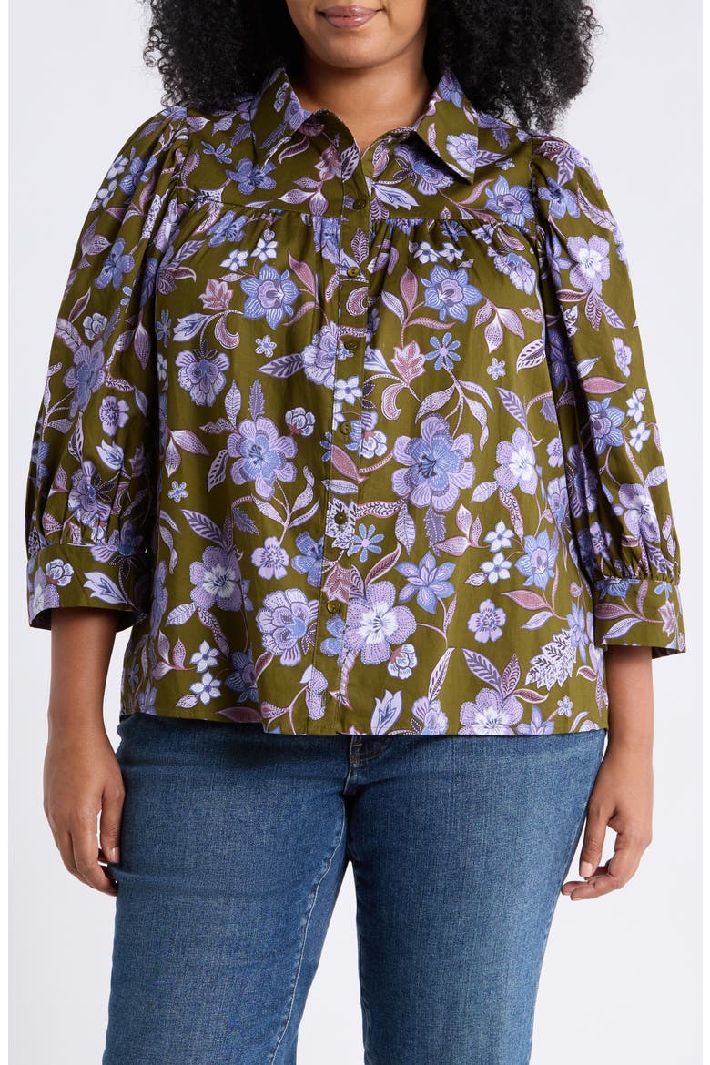 Fae Reverie Cotton Poplin Button-Up Shirt, Main, color, OLIVE-LAVENDER