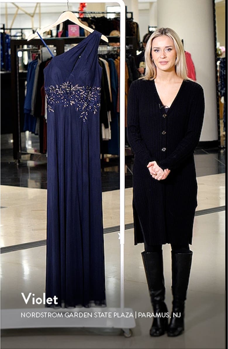 Bead Appliqué One-Shoulder Mesh Gown, sales video thumbnail