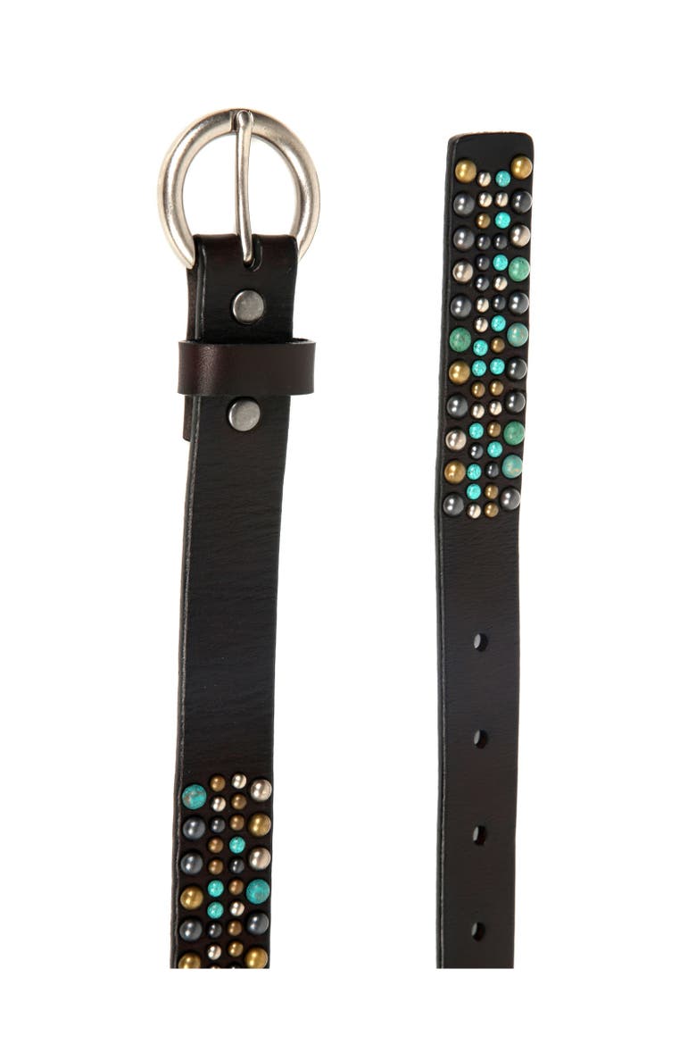 Amazonite Genuine Leather Studded Stitched Detail Belt, Alternate, color, Coffee