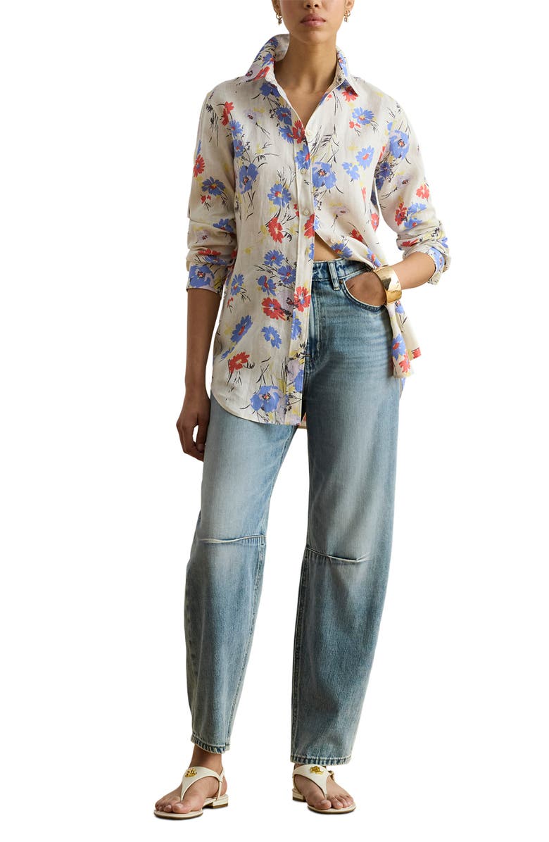 Lauren Ralph Lauren Karrie Relaxed Fit Floral Linen Button-Up Shirt, Alternate, color, Cream Multi