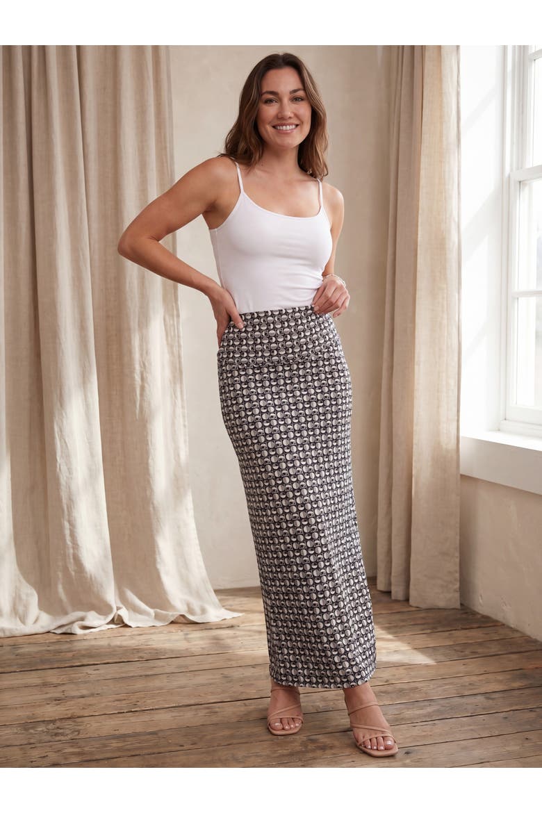 Womens Essential Geometric Print Foldover Waist Maxi Skirt, Alternate, color, Black Multi