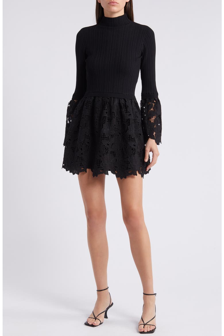 Matilde Mixed Media Mock Neck Long Sleeve Minidress, Main, color, BLACK