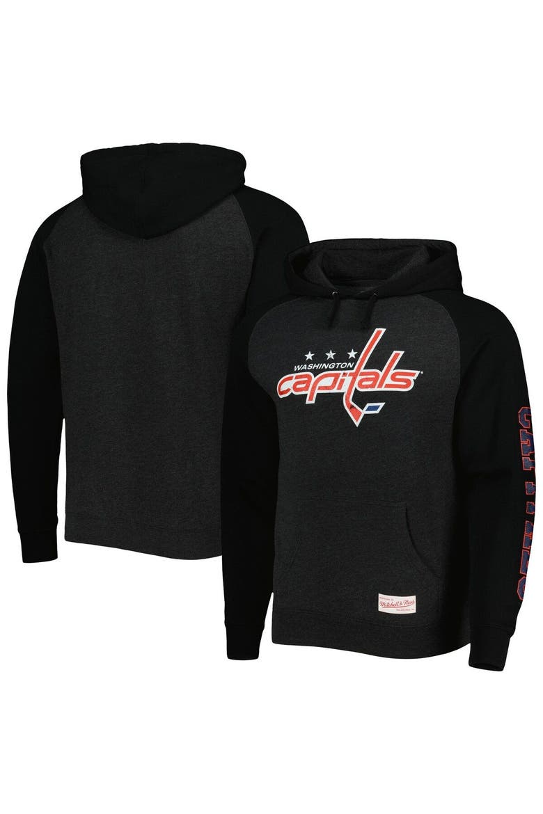 Men's Mitchell & Ness Heather Black Washington Capitals Distressed Logo Raglan Pullover Hoodie, Main, color, Heather Black