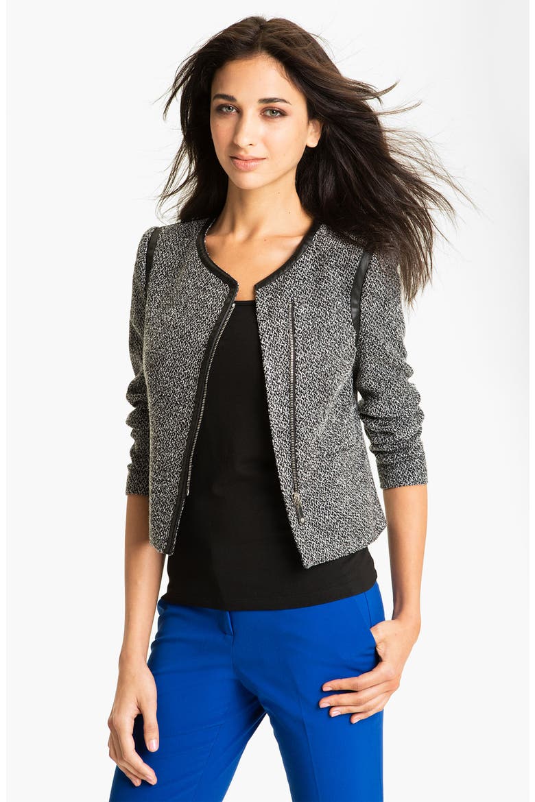 Tweed Jacket with Faux Leather Trim, Main, color, RICH BLACK