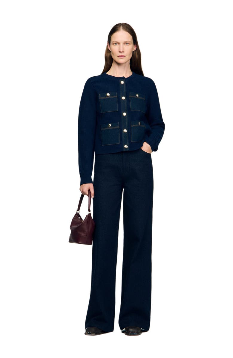 SANDRO Denim detail rib knit cardigan, Alternate, color, Navy Blue