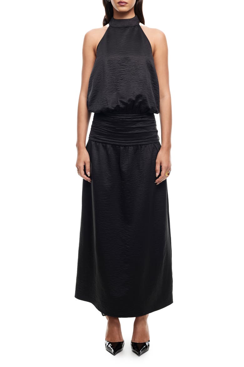 Sylvie Halter Neck Hammered Satin Maxi Dress, Main, color, INK