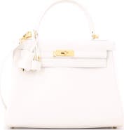 Pre-Owned Hermes Kelly Handbag White Evercolor with Gold Hardware 28