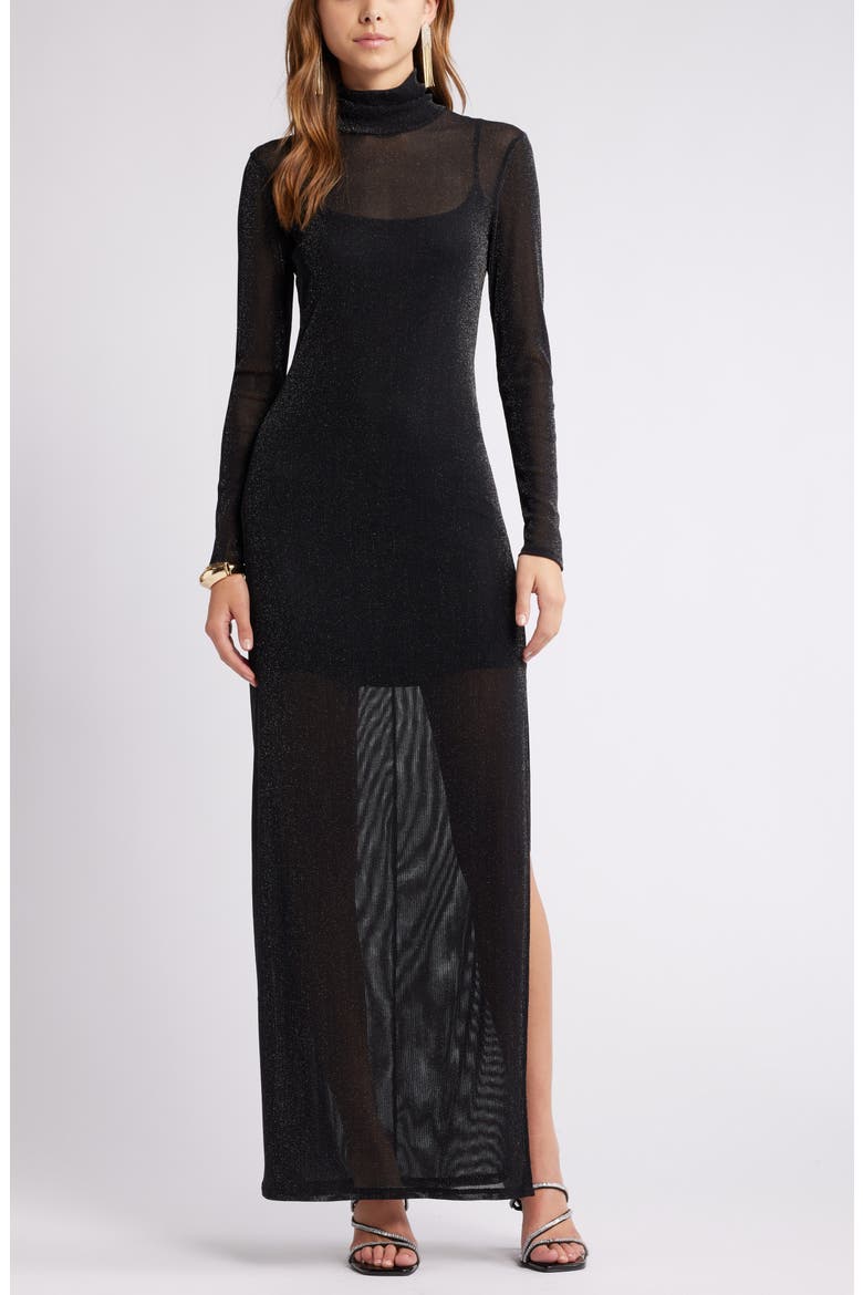 Metallic Long Sleeve Stretch Mesh Maxi Dress, Main, color, BLACK-SILVER