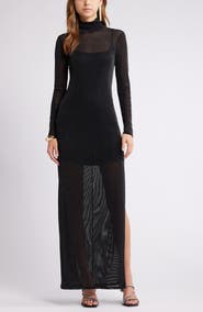 Open Edit Metallic Long Sleeve Stretch Mesh Maxi Dress