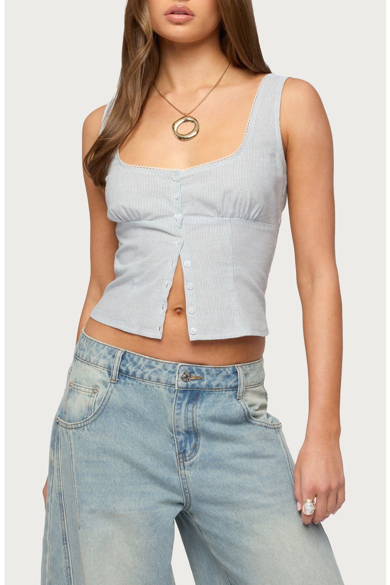 Katiya Pinstripe Crop Cotton & Linen Button-Up Top, Main, color, BLUE-AND-WHITE