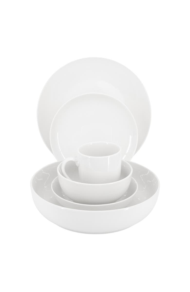 Elama Iris 32 Piece Porcelain Dinnerware Set with 2 Large Serving Bowls, Alternate, color, White