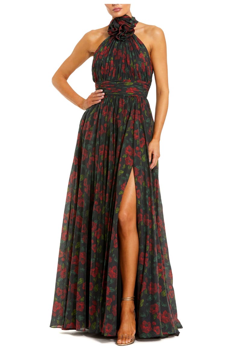 Mac Duggal Women's Floral Chiffon 3D Flower Halter Neck Gown, Main, color, Black Multi