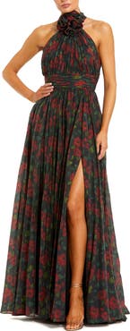 Mac Duggal Women's Floral Chiffon 3D Flower Halter Neck Gown