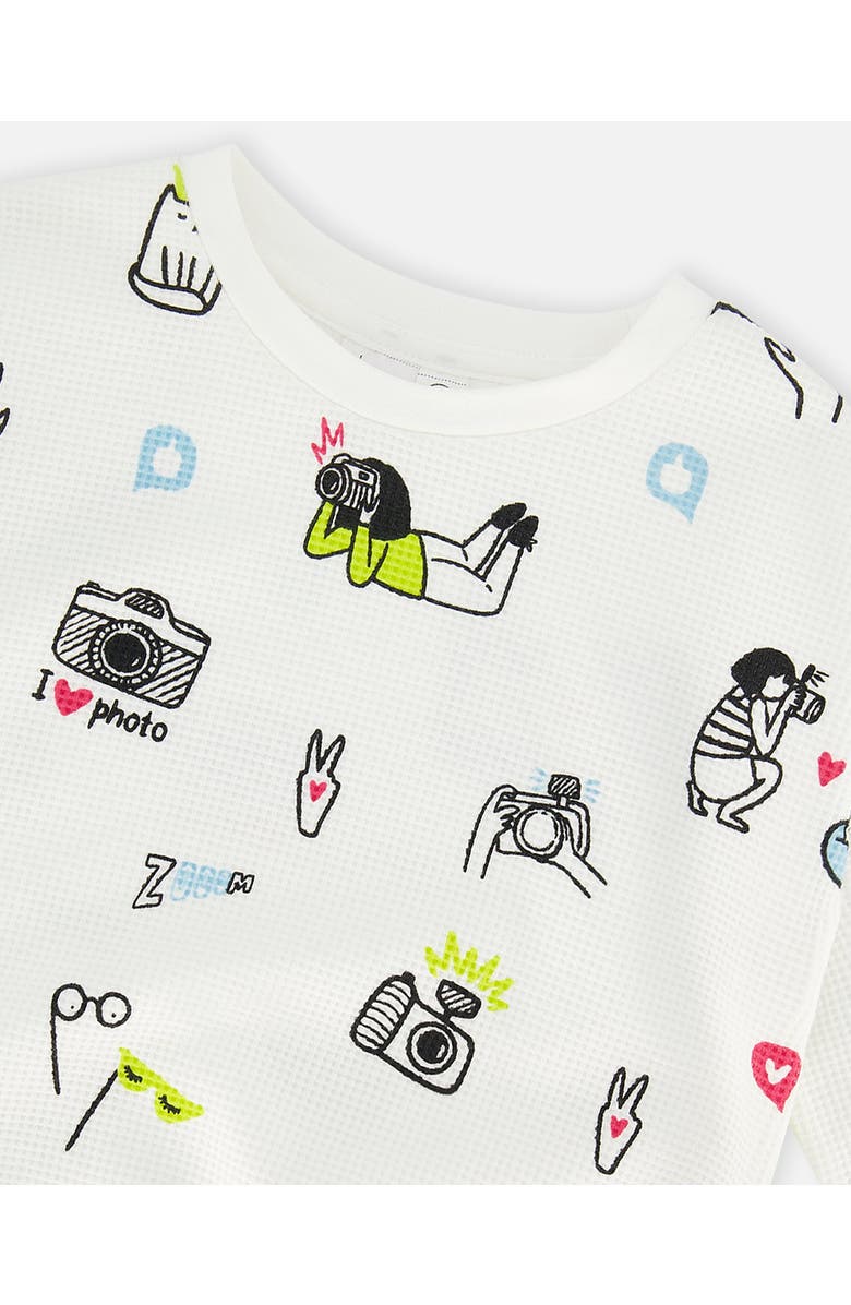 Deux par Deux Little Girl's Elastic Waist Waffle Top Off White Camera Print, Alternate, color, 