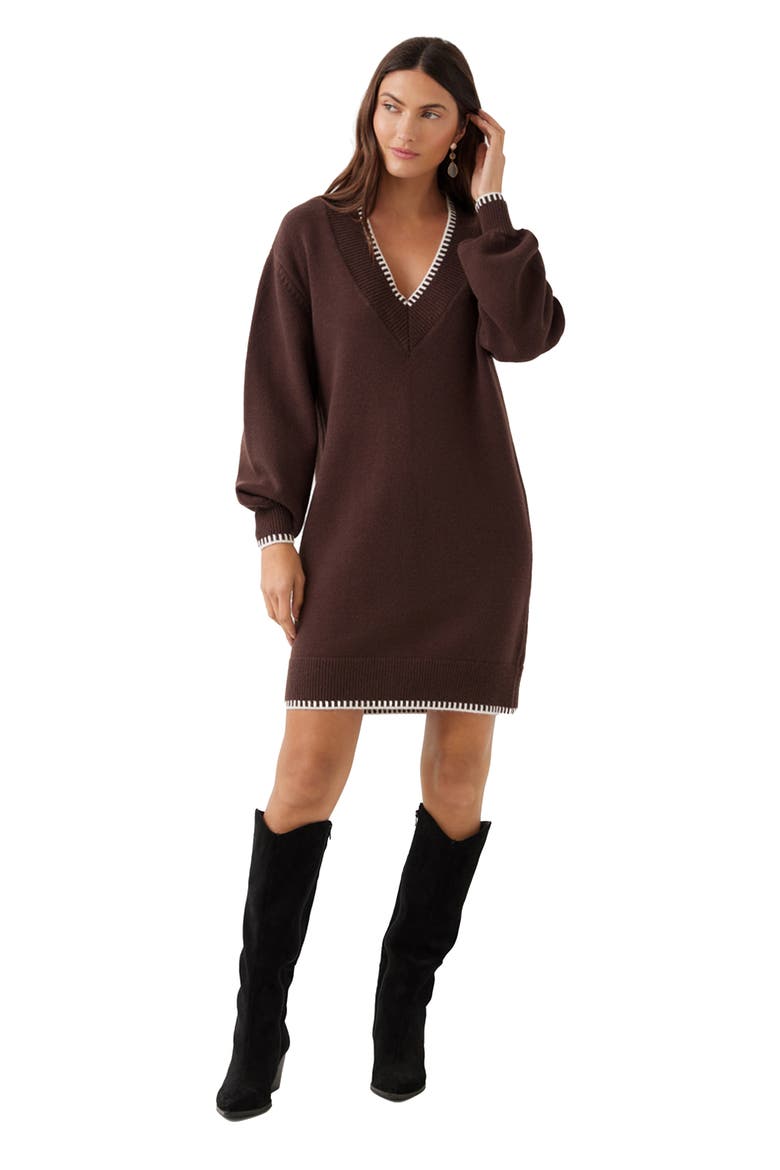 Varsity V-Neck Long Sleeve Sweater Minidress, Alternate, color, CHOCOLATE