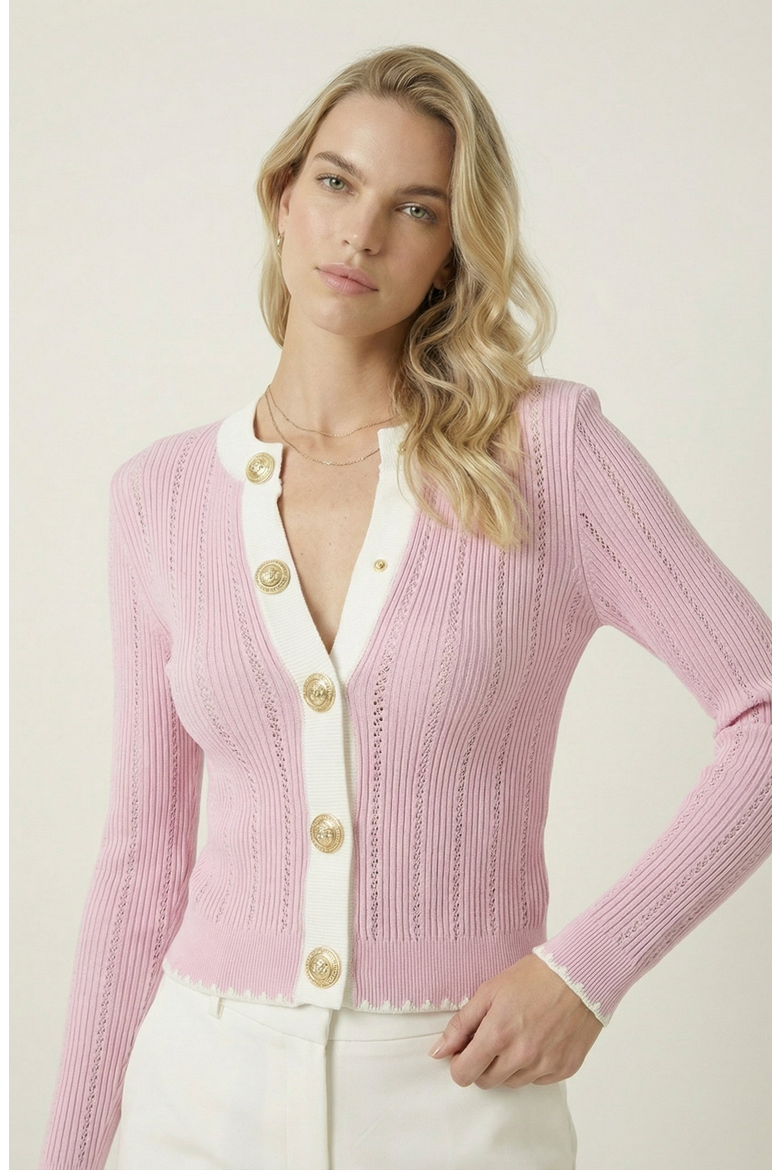 Ribbed Knit Contrast Trim Cardigan, Alternate, color, Light Pink