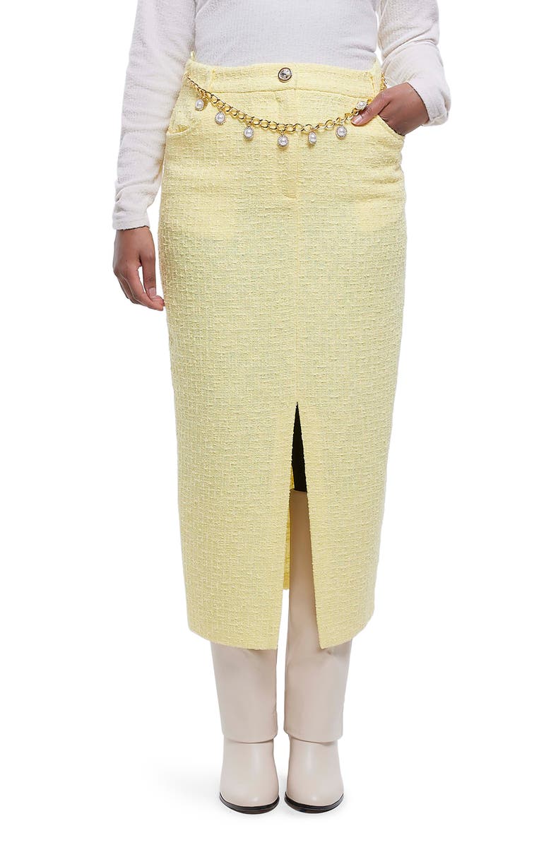 River Island Imitation Pearl Belt Cotton Blend Bouclé Pencil Skirt, Main, color, 