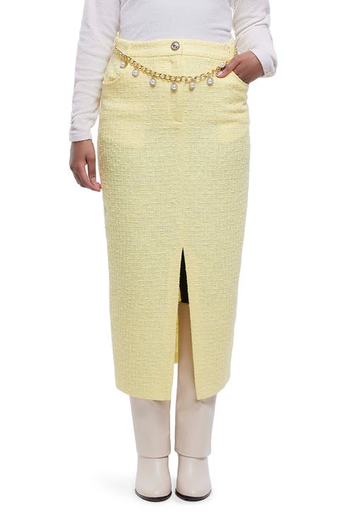 Imitation Pearl Belt Cotton Blend Bouclé Pencil Skirt