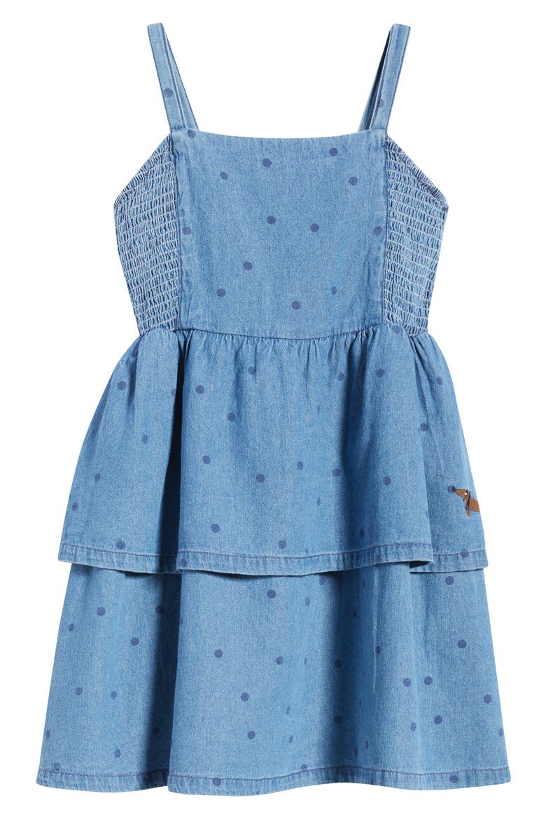 Kids' Dot Print Tiered Denim Dress, Main, color, BLUE