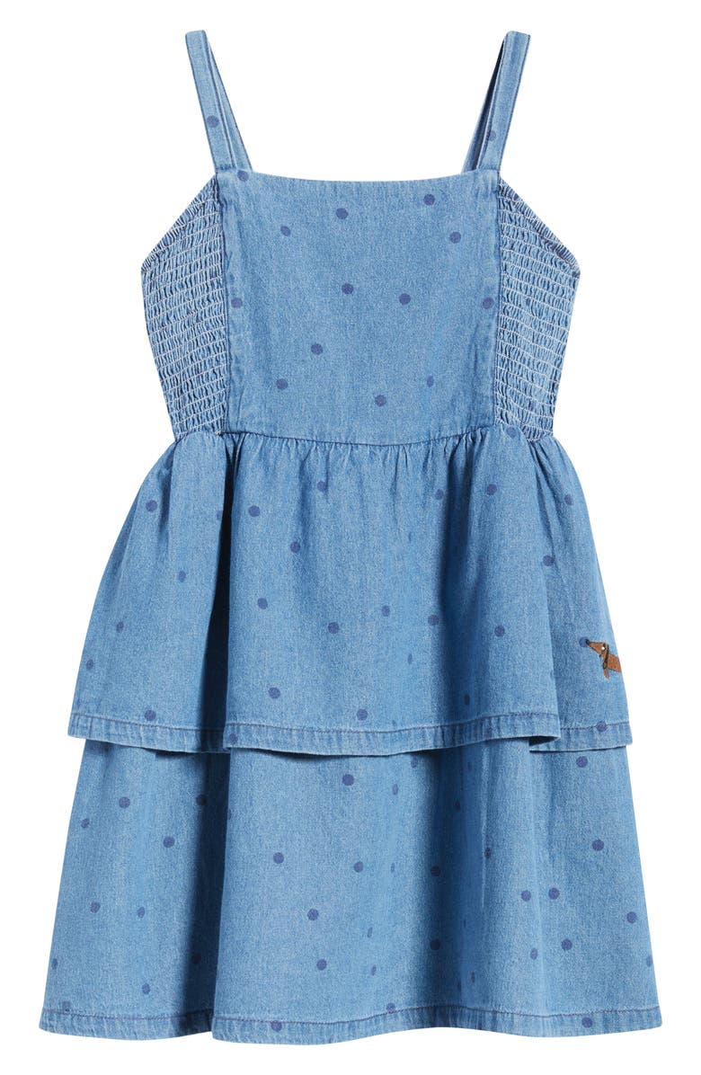Mini Rodini Kids' Dot Print Tiered Denim Dress, Main, color, Blue