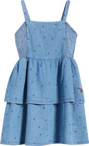 Mini Rodini Kids' Dot Print Tiered Denim Dress