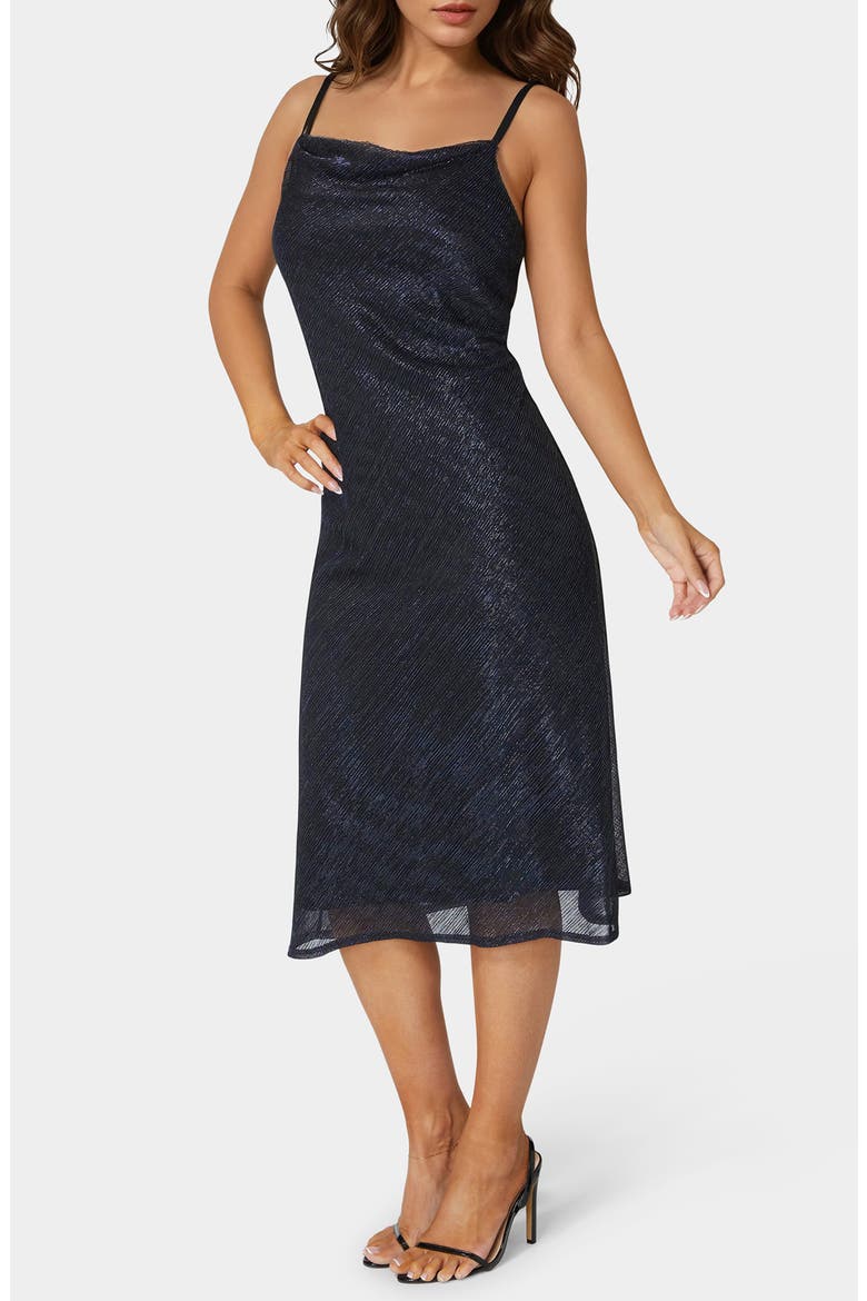 Cowl Neck Metallic Midi Slipdress, Main, color, NAVY