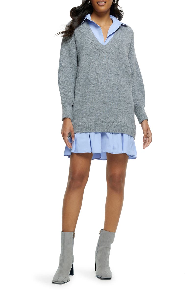 River Island Marled Long Sleeve Shirtdress, Main, color, Grey