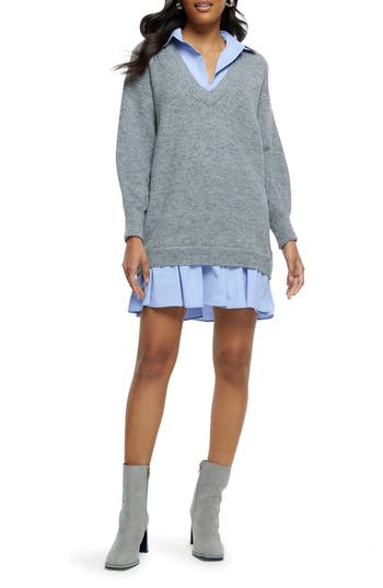 River Island Marled Long Sleeve Shirtdress In Gray