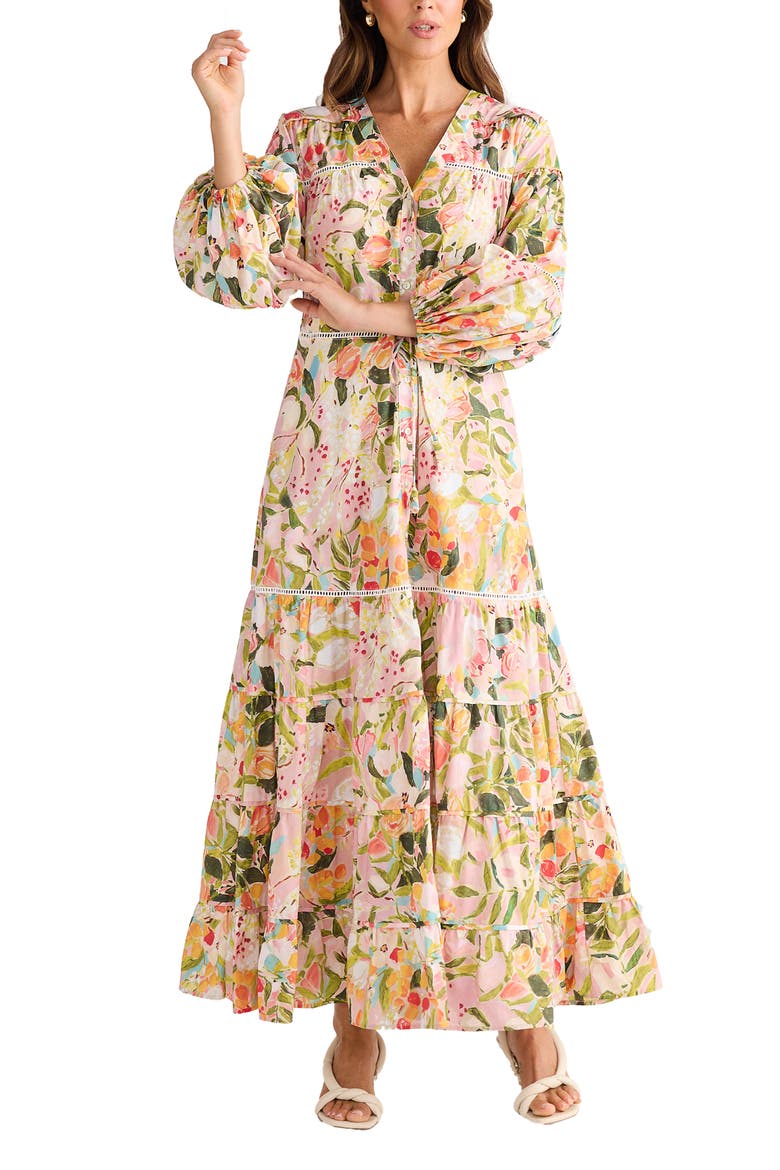 floral print maxi dress with sleeves Floral Print 3/4 Slv Knit Maxi Dress - Multi - M