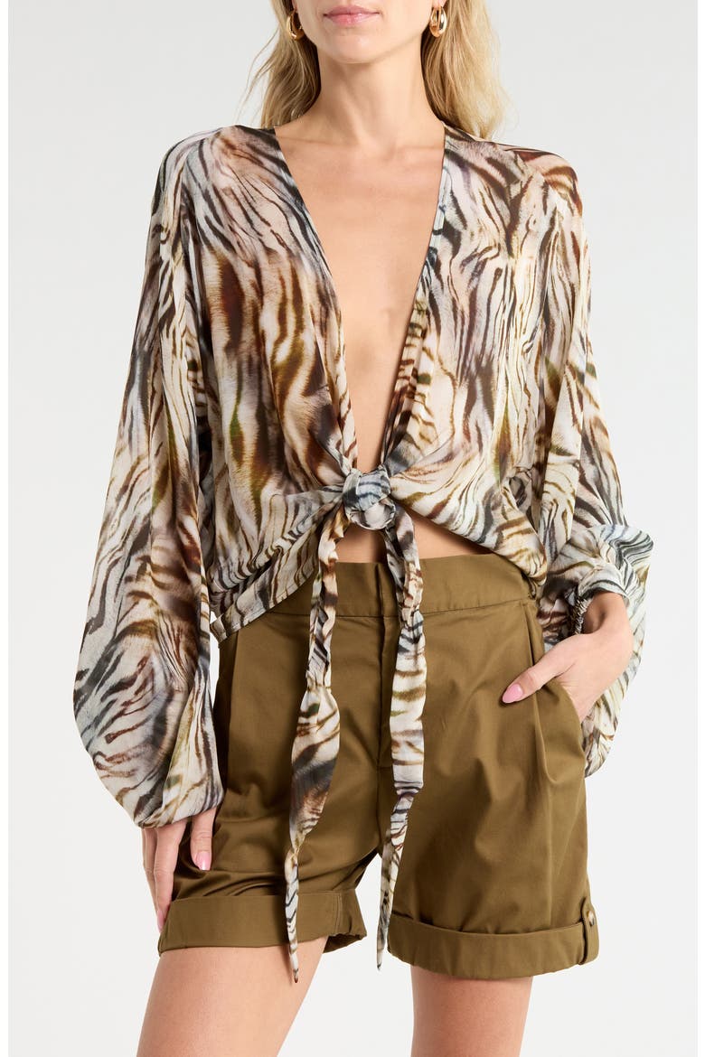 Adri Long Sleeve Tie Front Top, Main, color, SAFARI PRINT