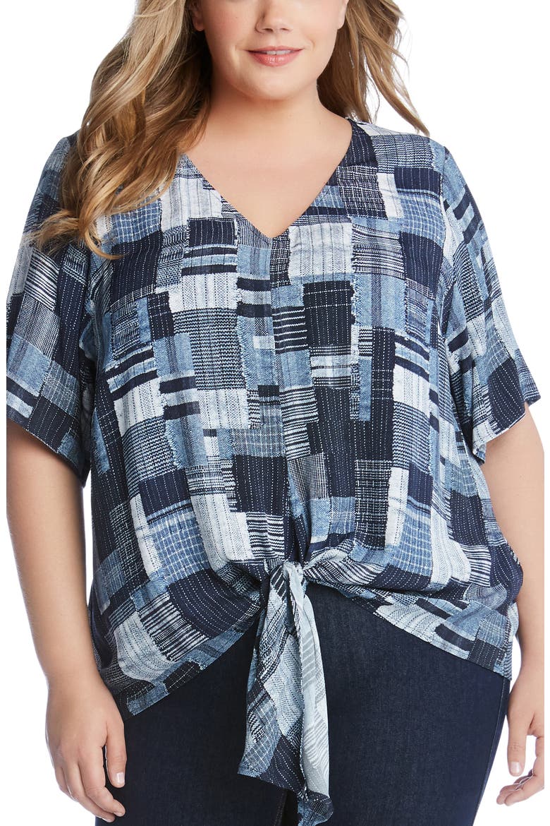 Patchwork Print Tie Front Top, Main, color, PRINT