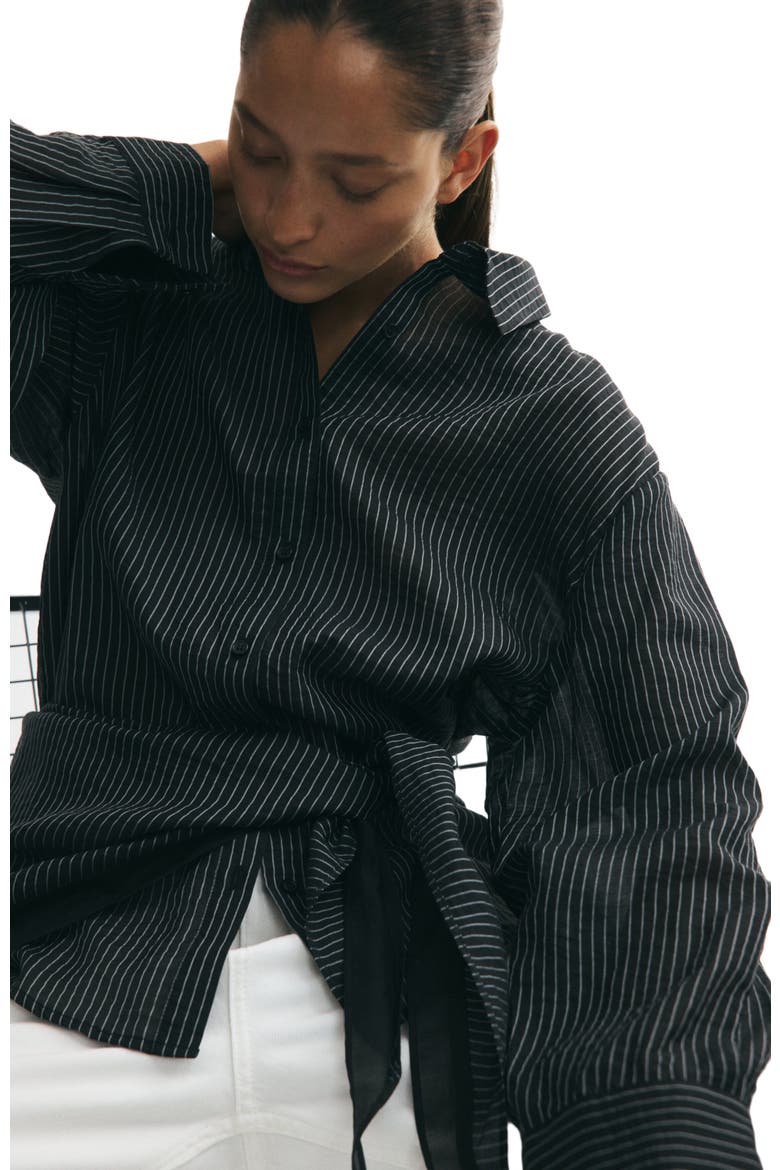 Scarf-detail Shirt, Alternate, color, Black/pinstriped